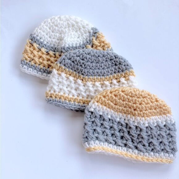 Set of 3 Crochet Baby Hats 0-3 Yellow Grey White - Picture 1 of 5